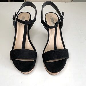 Style CHARLES Black Suede Cork Wedge Sandal Sz 7